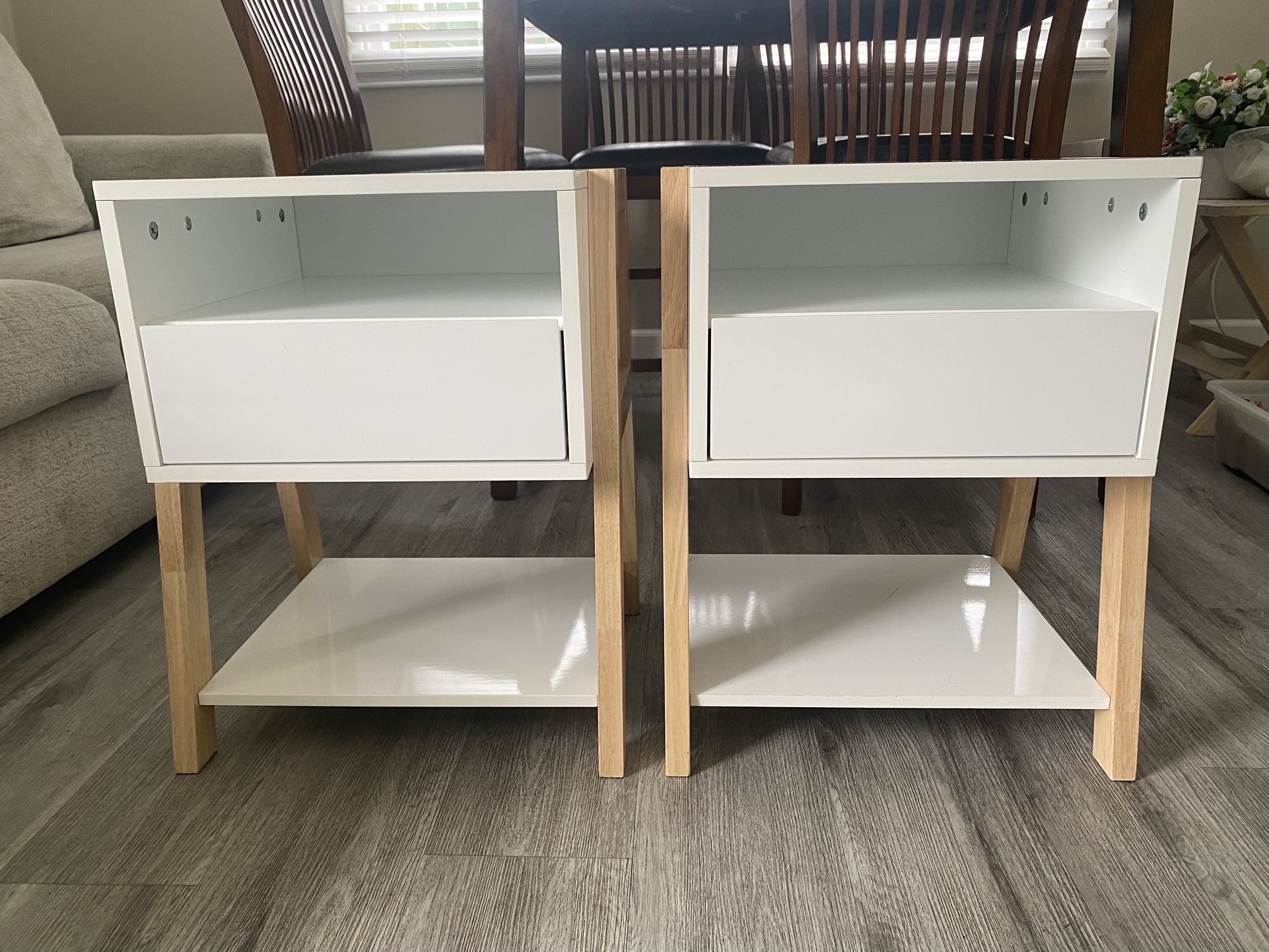 White & Wood Bedside Tables