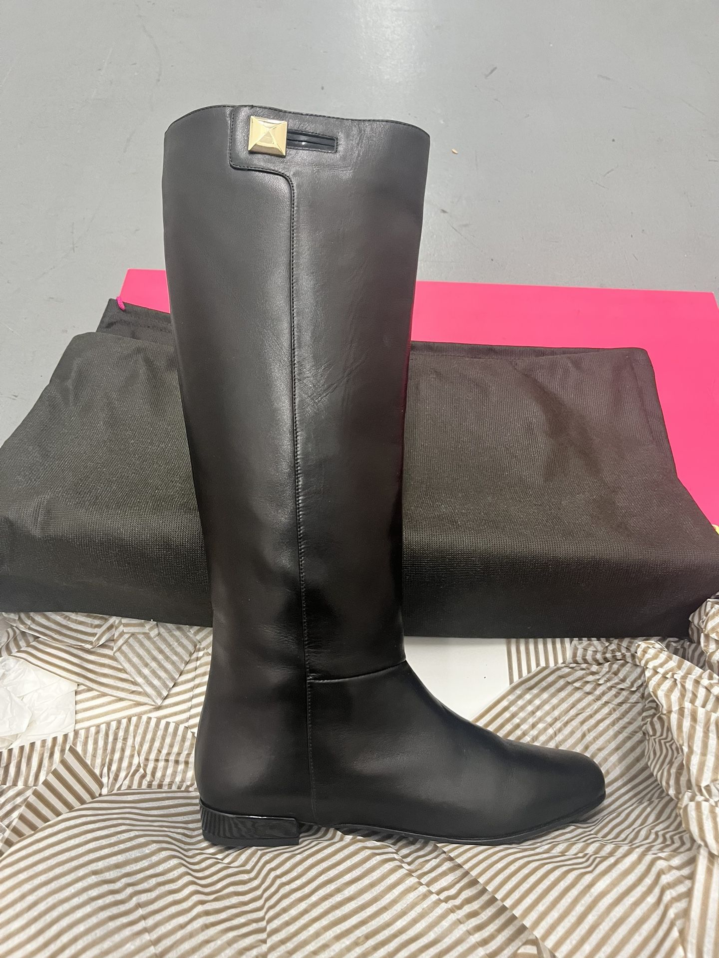 New Tall Kate Spade Black Leather OLIVER Gold Heel Flat Full Zipper Italy 9