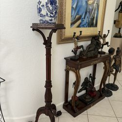Gorgeous 53” Tall Chippendale Pedestal Table With Brass Gallery. May Be Maitland Smith Or Theodore Alexander. 