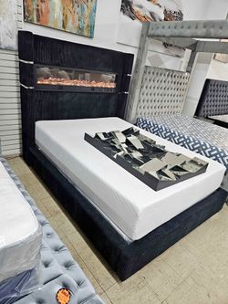 🔥 Brand New Black Corduroy Wingback Platform Bed with Digital Fireplace, BT Speakers & Charging Ports | King & Queen Size • Upholstered Smart Bed | P