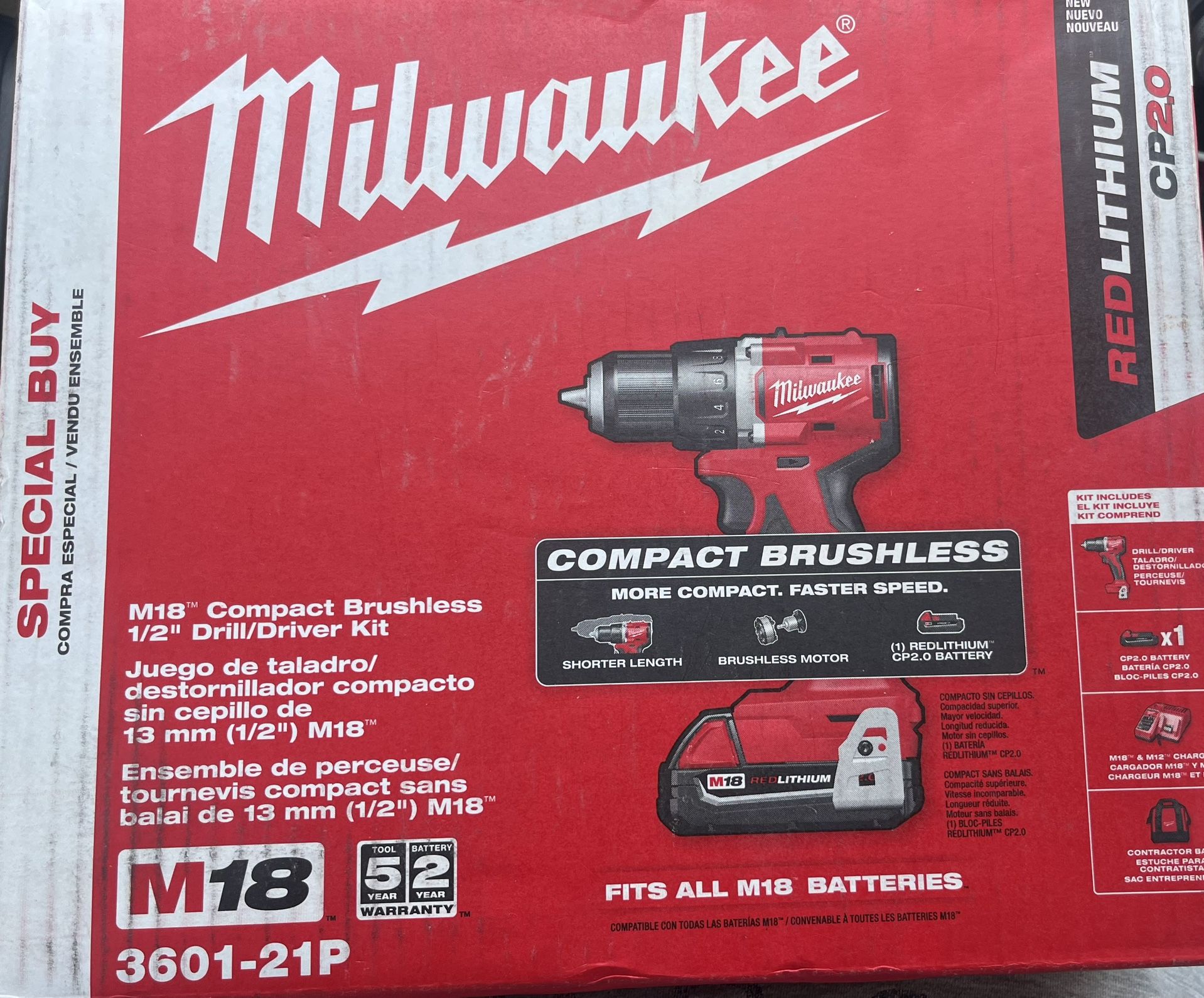 Milwaukee M18 18V Lithium-lon Brushless Cordless 1/2 in. Compact Drill/Driver with One 2.0 Ah Battery, Charger and Tool Bag