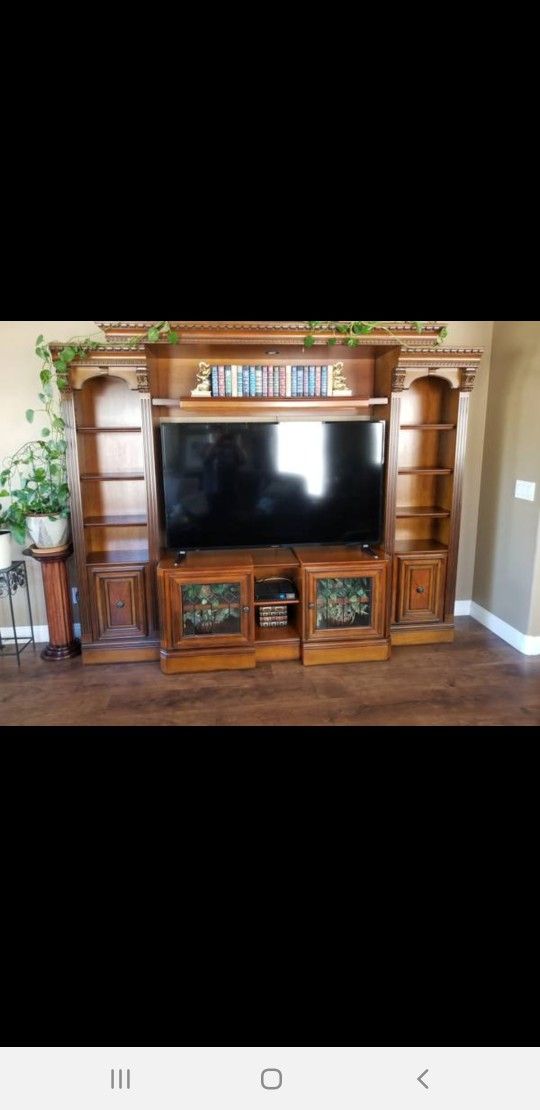 Solid Wood Entertainment Center with Dimmable Lights Cabinets Storage Adjustable Length 