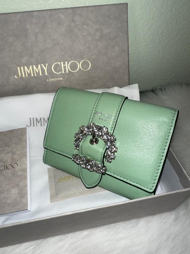 AUTHENTIC JIMMY CHOO CHERI TRIFOLD MINT COLOR WITH SWAROVSKI BUCKLE