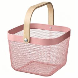AJIODA Metal Mesh Storage Basket With Wooden Handle - Rose Pink