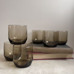 Six Vintage 70’s Anchor Hocking Mocha Optic Swirl Smoky Brown Tumblers