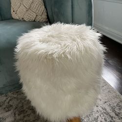 Rounded White Faux Fluffy Fur Accent Ottoman Chair living room seat 