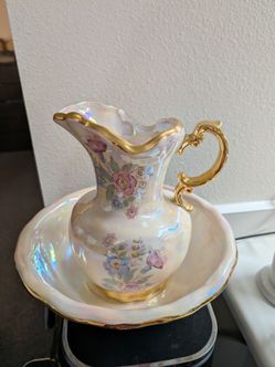 Porcelain Pitcher and Basin Set Floral Gold Trim