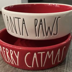 2 New Red Crème Christmas Rae Dunn Merry Catmas Santa Paws Ceramic Cat Bowls 