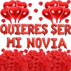 2 Set Red QUIERES SER MI NOVIA Balloons - 1200pcs Red Artificial Rose Petals 34pcs 16" Letter Balloon 10pcs 18" Heart Balloons Alphabet Foil Mylar Bal