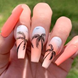 B2G1F 24-pcs. Extra-Long Coffin Palm Tree Design Press On Nails