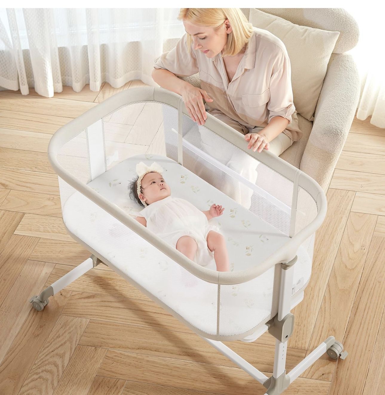  Baby Infant Bassinets Bedside Sleeper - All Mesh Bedside Bassinet with Wheels, 7 Height Adjustable Baby Bassinet for Infants, Beige