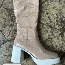 New Juniper Knee High Snakeprint Nude Platform Heels