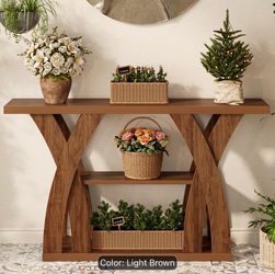 55 "Wooden Rustic Console Table, X-Shaped Leg Design, 2-Tier Shelf. Multifunctional Storage.