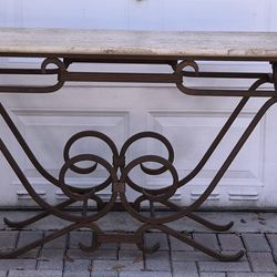Travertine Marble & Wrought Iron Console