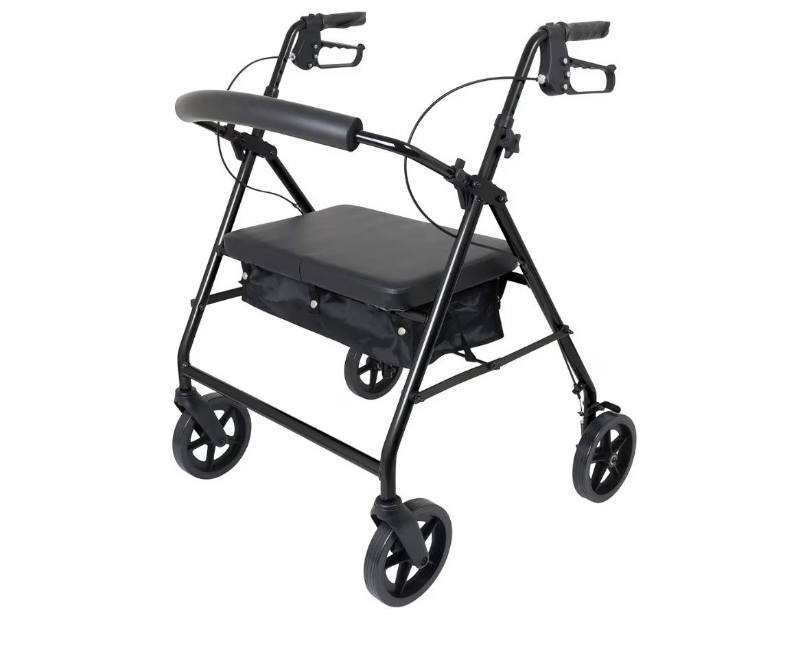 Foldable Lightweight Rollator Walker with Seat - Black Aluminum Frame Rollator with Adjustable Height, Padded Seat