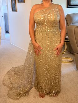 Gold Beaded One-Shoulder Evening Gown