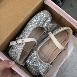 Silver Embellished Bowtie Flat Shoes in Beige