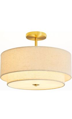Modern Gold Semi-Flush Mount Ceiling Light with Double Fabric Drum Shade