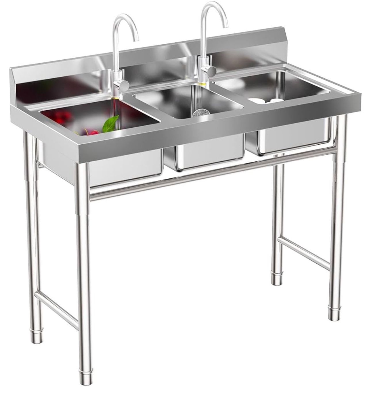 Compartment Sink 304 Stainless Steel Kitchen Sinks Freestanding Utility sink with 2 Faucet Commercial Triple Bowl Sink for Bar, Restaurant/Each Bay 11