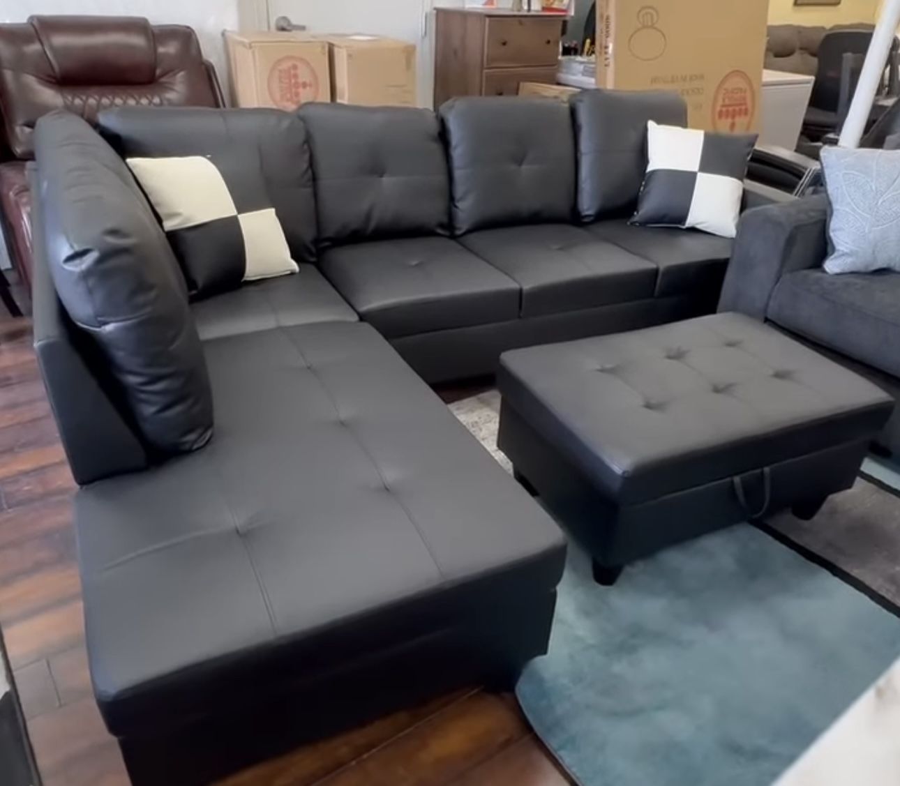 Black Leather Sectional Couch And Ottoman