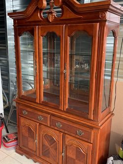 vintage 2 glass door living room or kitchen cabinet, has light