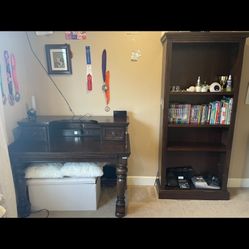 Vintage Heavy Wood Brown Bookshelf, Desk, Vanity/Dresser & Mirror