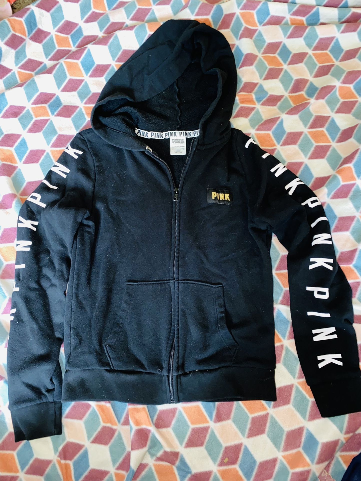 WOMENS Victoria Secrets Black Gold Graphic ZIP Up Hoodie