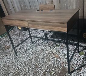 New Loring Wood Writing Desk with Drawers and Charging Station Walnut Threshold