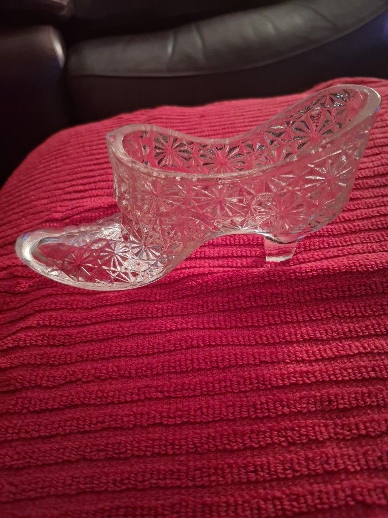 VINTAGE MCM FENTON DAISY BUTTON PATTERN, CLEAR GLASS SHOE π SLIPPER
