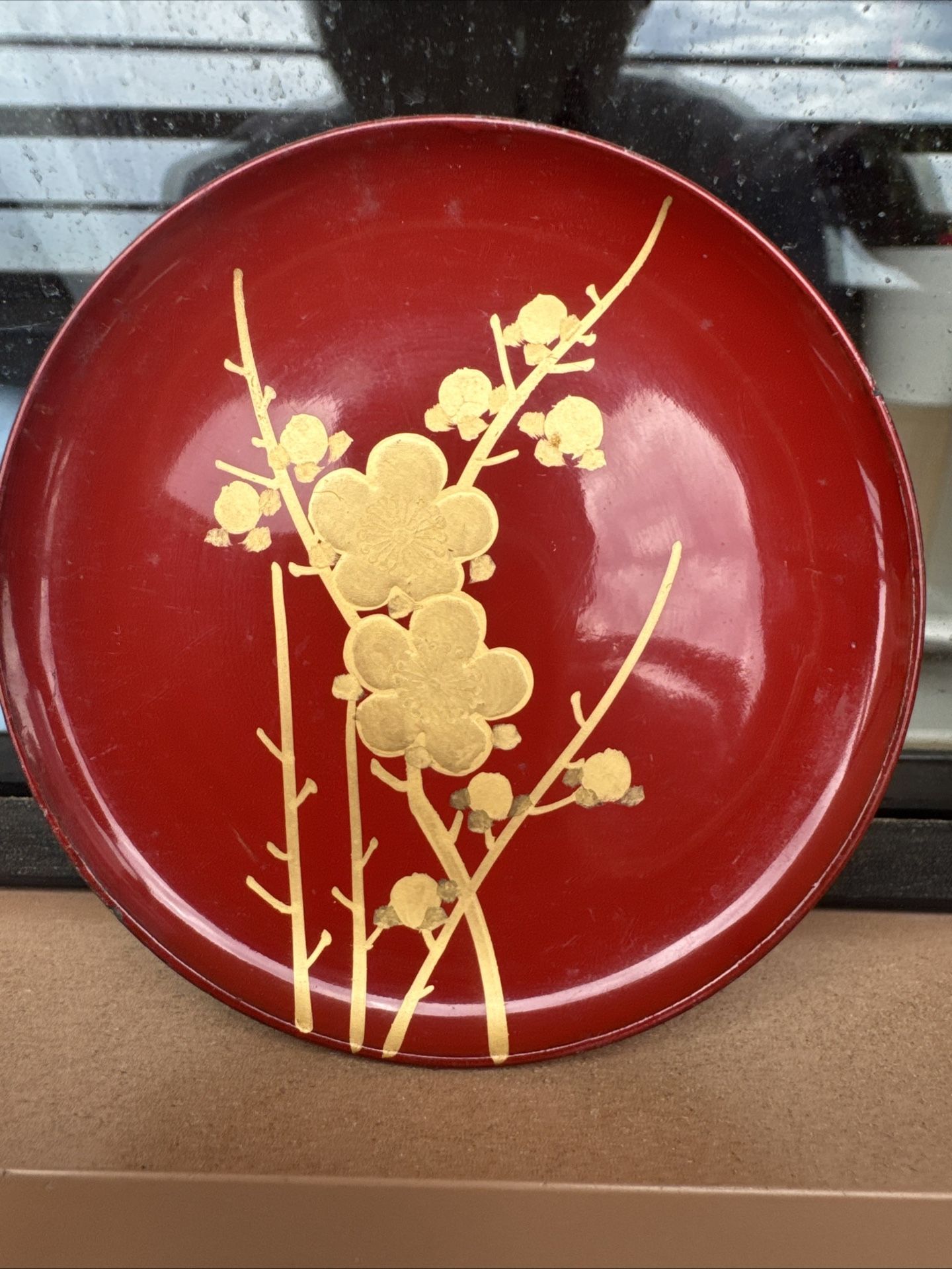 Antique Chinese Small Lacquered Plate Red Set of Gold Hand Painted