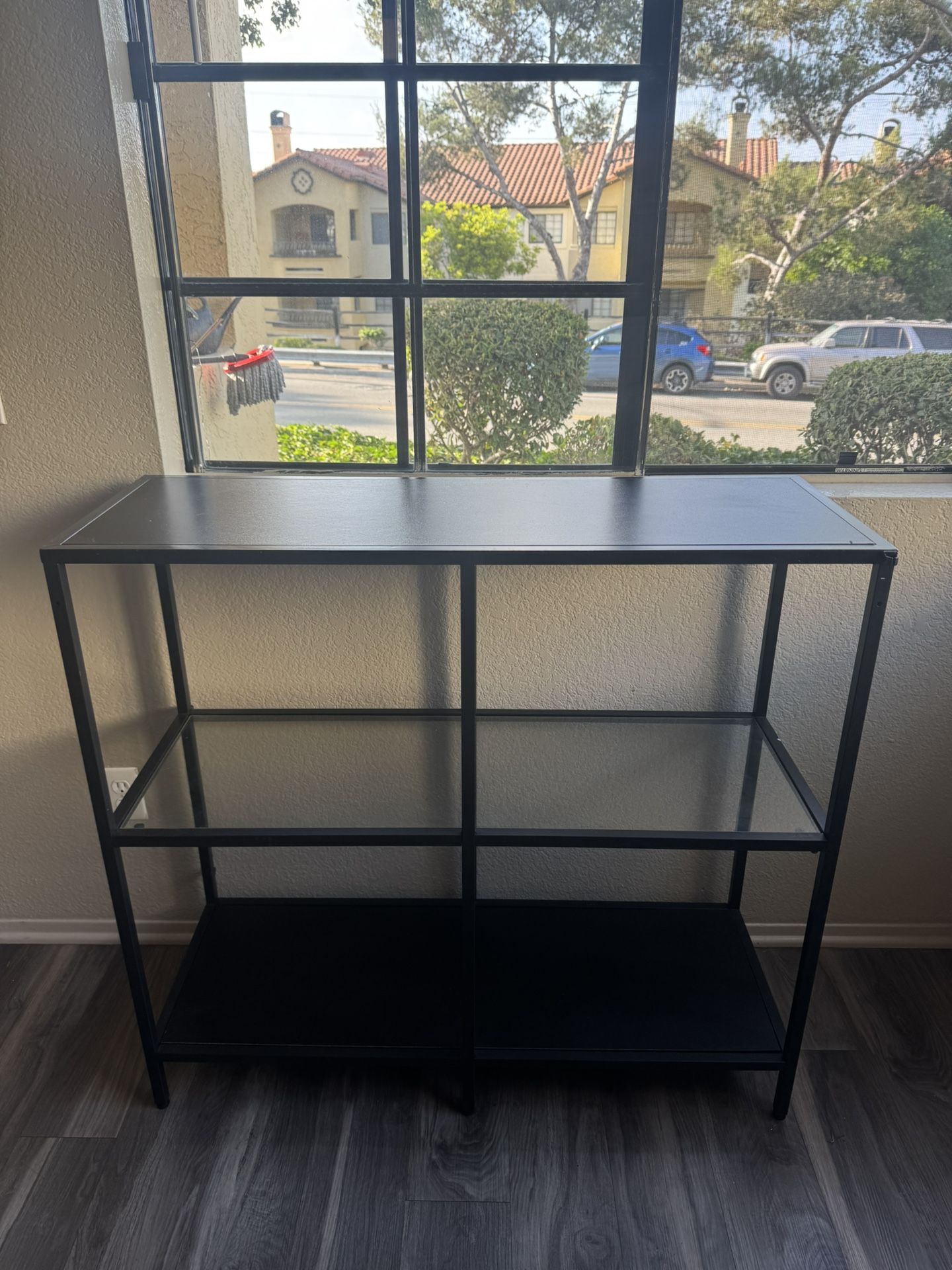 Black Metal & Glass 3-Tier Shelf — 39.5”W × 14.25”D × 37”H