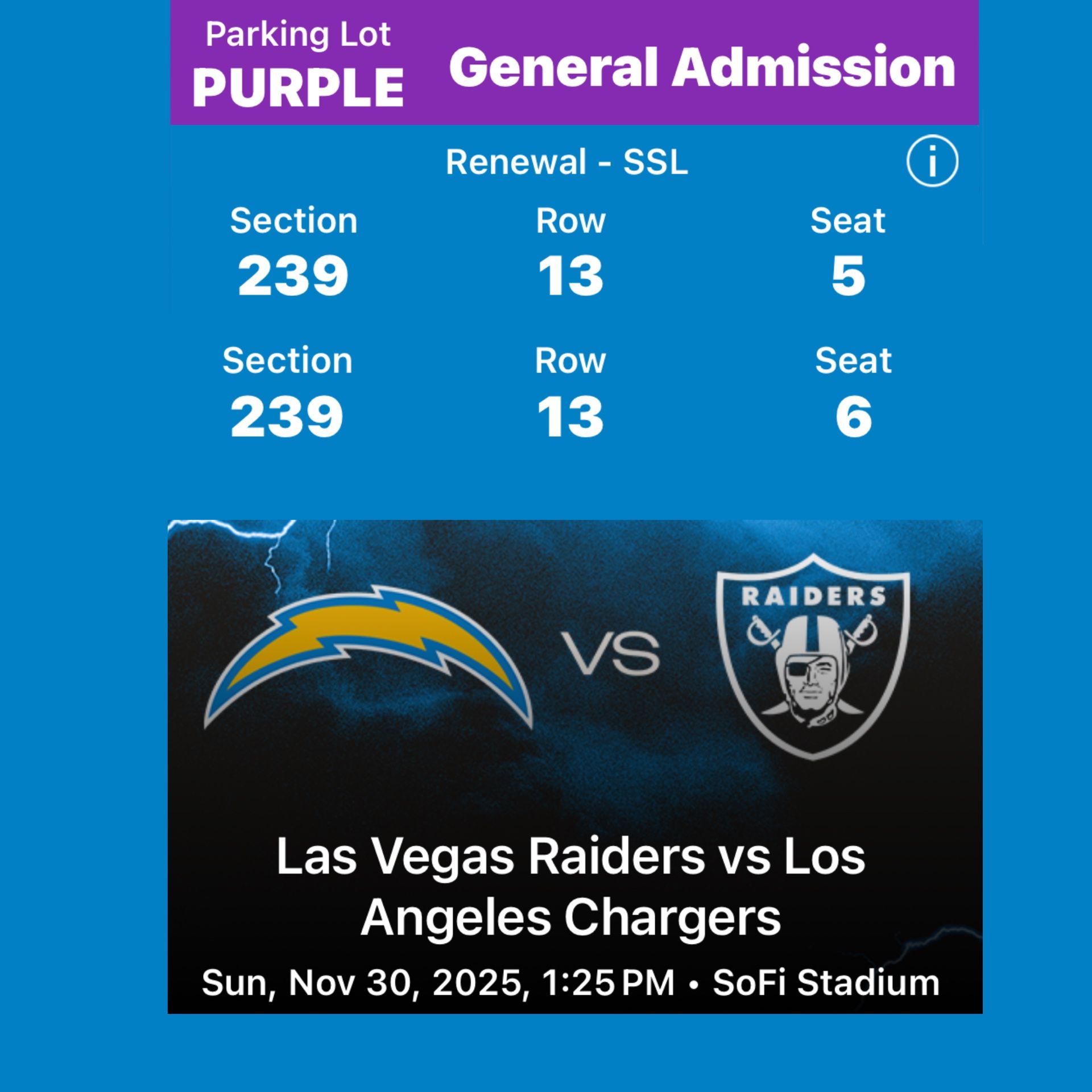 Chargers vs Raiders 200 Level (2 Tickets w/ SOFI Parking)