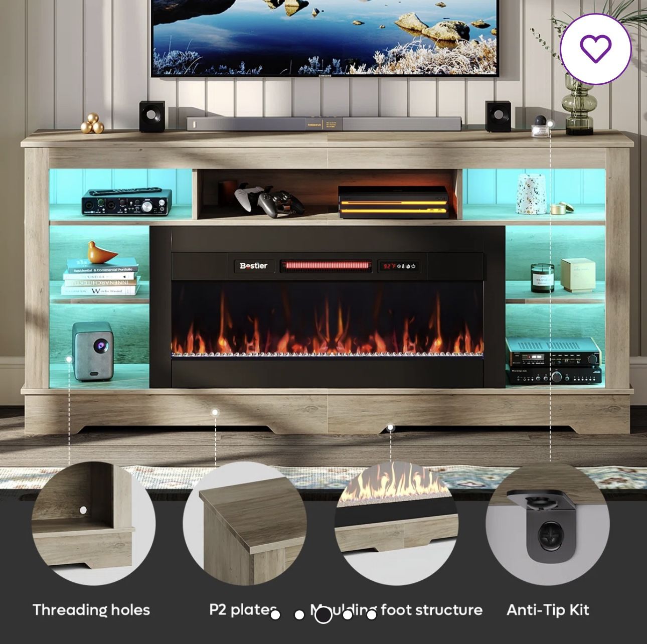 BRAND NEW IN BOX!! Bestier 70"W Tall LED Fireplace TV Stand with LED Media Console
