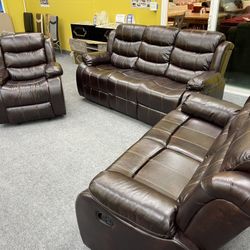 Brown Leather Recliner Sofa Set 3pc - Delivery And Financing Available 