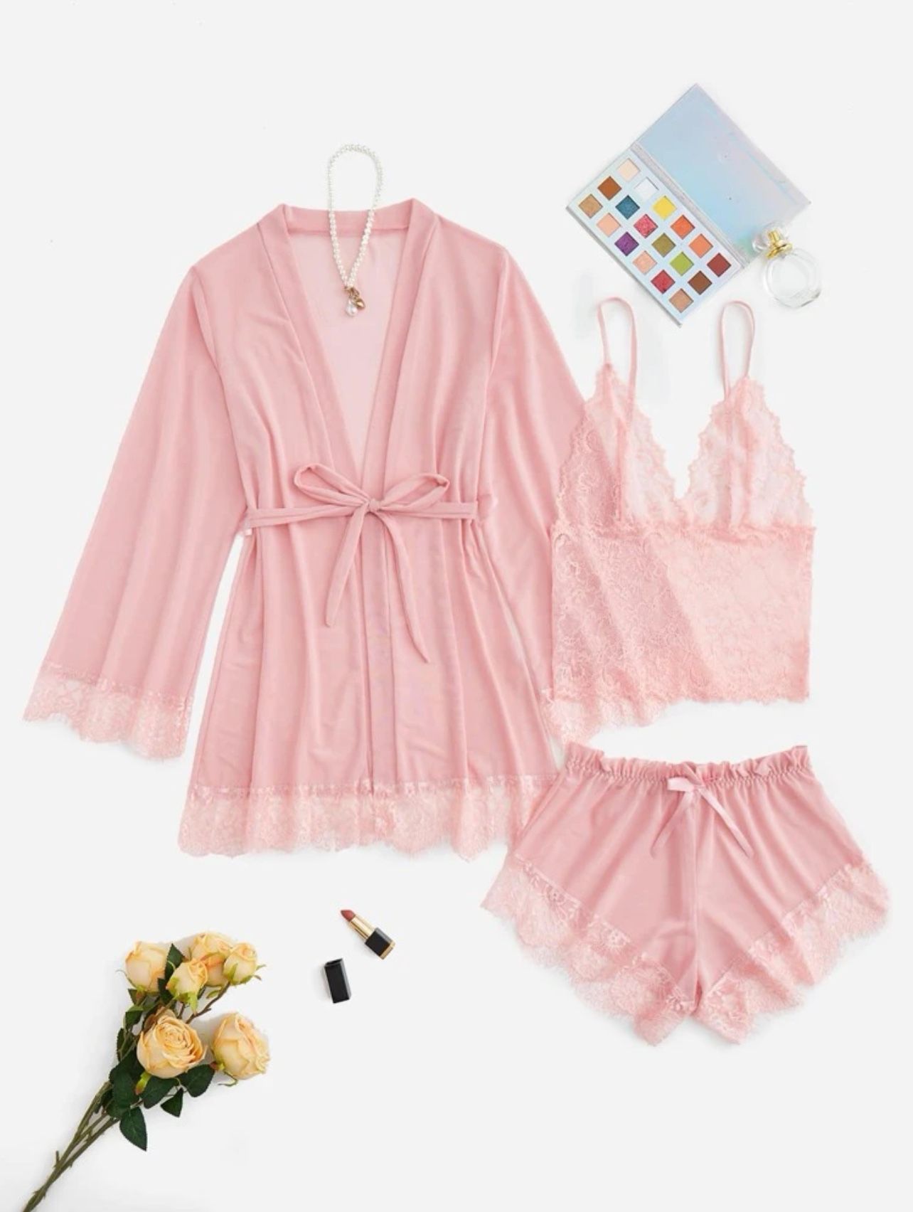 SEXY Contrast Lace Mesh Lingerie Set & Belted Robe *NEW*