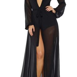 Pink Queen Women's Long Sleeve Flowy Maxi Swimsuit Tie Front Rob