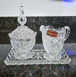 Vintage Hoffbauer Crystal Byrdes Bird Covered Sugar and Creamer Set