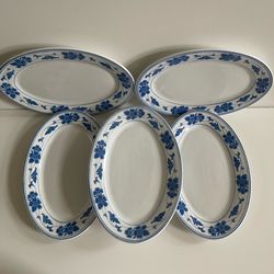 VTG Chinese Underglaze Blue Floral Rim. Blue Trim 12”x 8” Oval Plate (5 Pieces ), $25