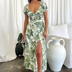 Green Floral Midi Dress Size Us 12. Solem Sweetheart Puff Sleeve Slit