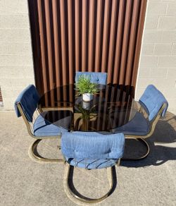 80s Postmodern Milo Baughan Style Mid Century Brass Cantilever Dining table and chairs