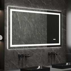 LED Bathroom Mirror, 55" x 30" Front and Backlit Wall Mounted Bathroom Vanity Mirror, Anti-Fog, 3 Colors Dimmable, Shatterproof, Tempered Glass, Memor