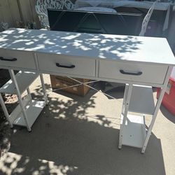 Office Small Computer Desk: Home Table with Fabric Drawers & Storage Shelves, Modern Writing Desk
