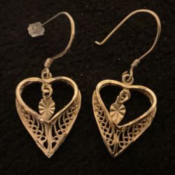 14k Over 925 Sterling Silver Dangling Heart Earrings 