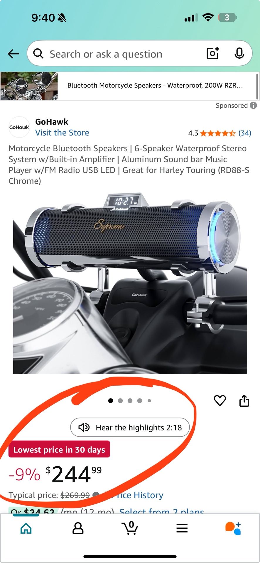 Motorcycle Bluetooth Speakers | 6-Speaker Waterproof Stereo System with Built-in Amplifier sound bar