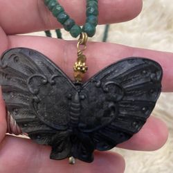 Pressed Lava Butterfly With Raw Green Emerald Choker
