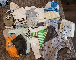 Large Lot of 0-3 Months (0-3m) Boys Baby Clothes Plus Bibs, Hats, Onsies - All Clean and Like New
