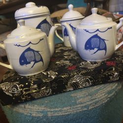 Vintage Cobalt Blue Koi Tea Set