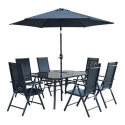 8-Piece Outdoor Patio Dining Set with Tilting Umbrella, Glass Table, & Folding Chairs