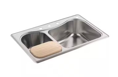 A000673A KOHLER Staccato Drop-In Stainless Steel 33 in. 4-Hole Double Offset Bowl Kitchen Sink with Included Hardwood Cutting Board