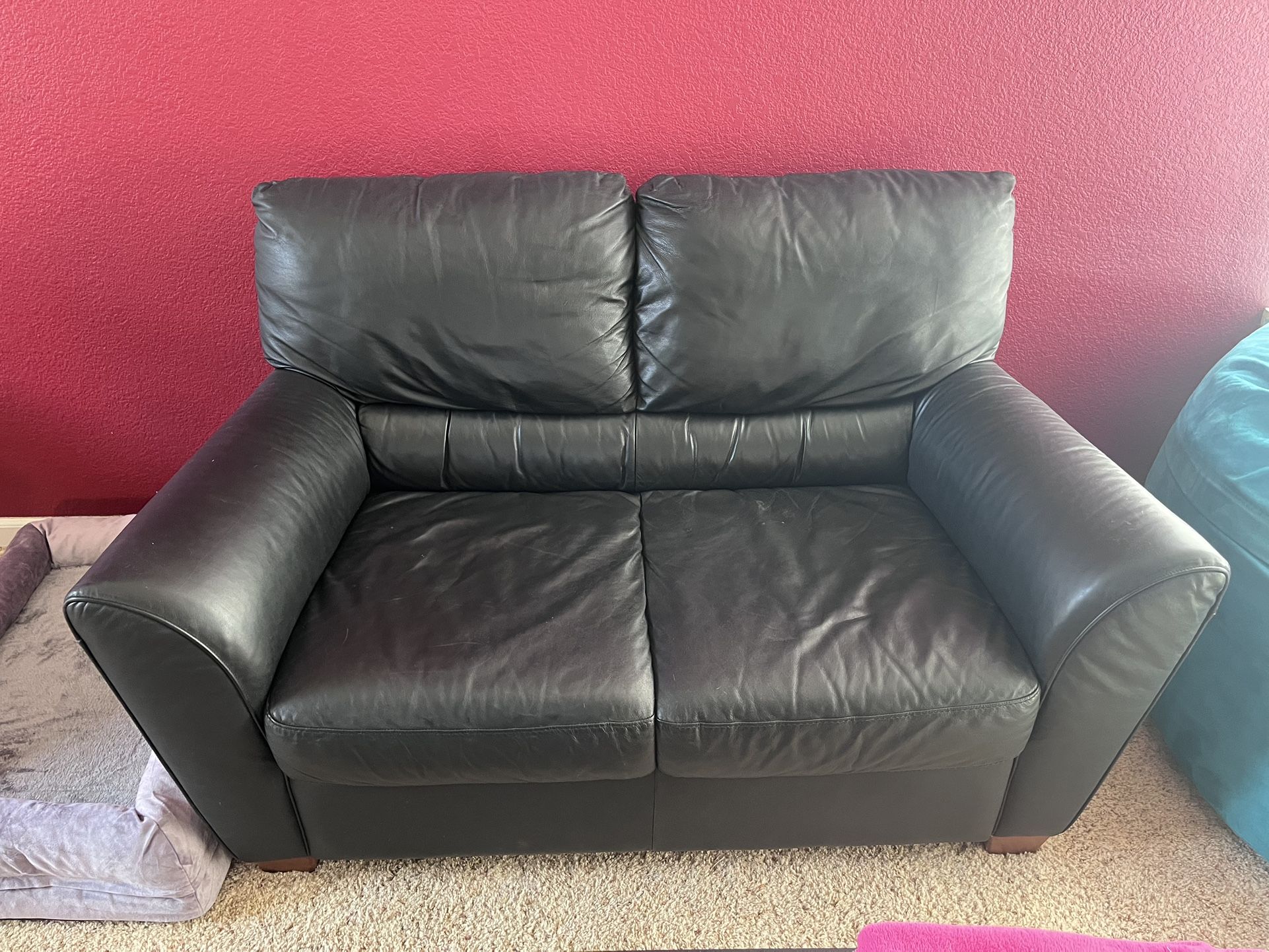 Love Seat - Black Leather with Matching Ottoman